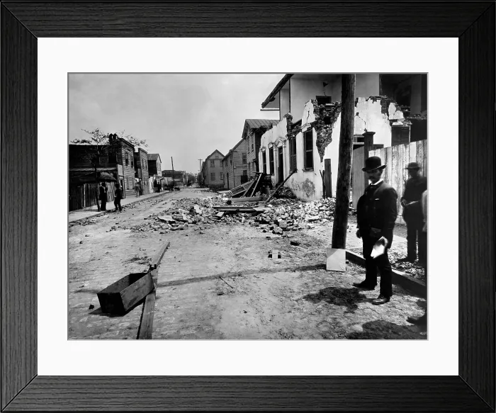 Framed Print : Brick house on Tradd Street, Charleston, damaged by the earthquake of August 31, 1886. William John McGee of the U.S