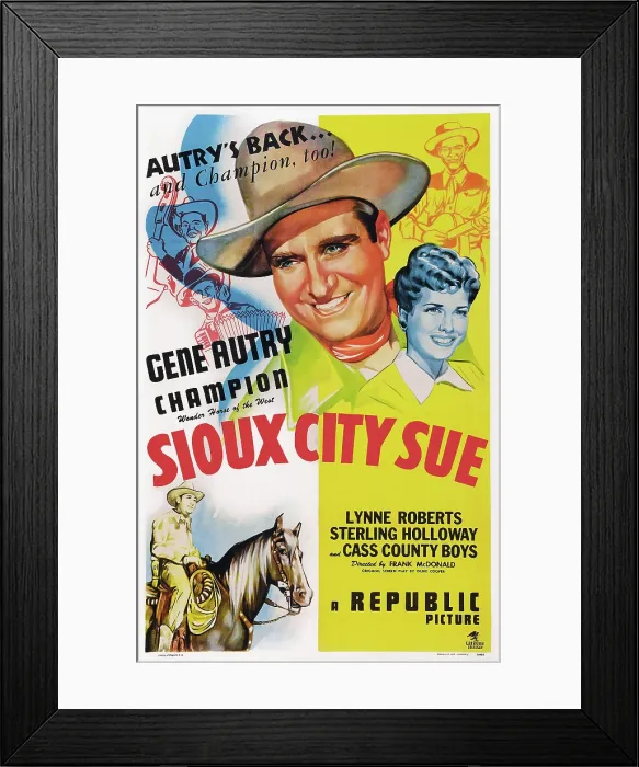 Framed Print : SIOUX CITY SUE, US poster art, top from left: Gene Autry, Lynne Roberts, bottom left: Gene Autry with Champion the horse, 1946