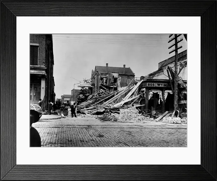 Framed Print : Destruction on East Bay and Cumberland Street, Charleston, after the earthquake of August 31, 1886. William Bird Company building was called the worse wreck in the city