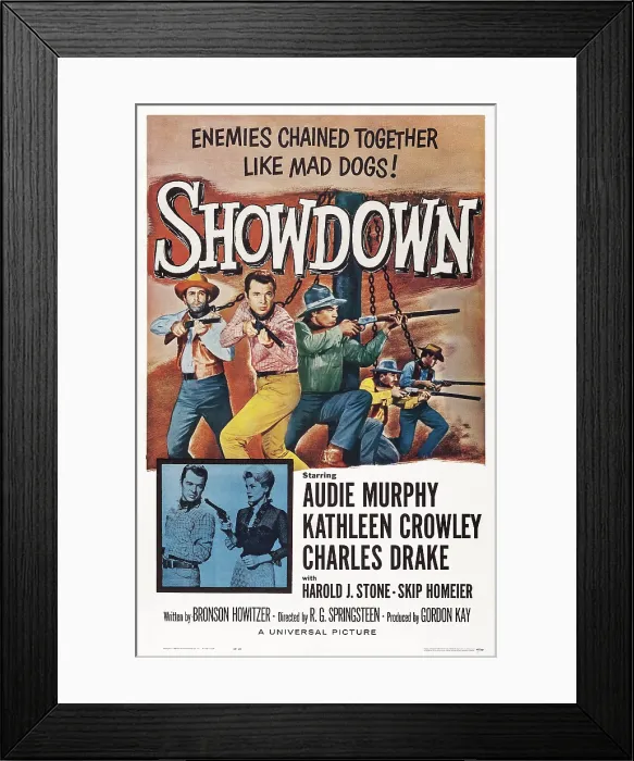 Framed Print : SHOWDOWN, US poster art, top center: Audie Murphy, bottom from left: Audie Murphy, Kathleen Crowley, 1963