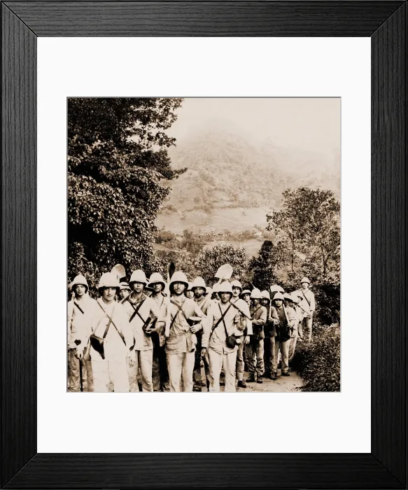 Framed Print : French soldiers, bound for the village of Morne Rouge, destroyed by a volcanic eruption of Mt. Pelee. They are a burial party to attend to the 2000 killed on Aug Framed Print : French soldiers, bound for the village of Morne Rouge, destroyed by a volcanic eruption of Mt. Pelee. They are a burial party to attend to the 2000 killed on Aug