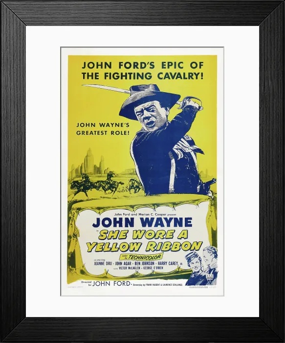 Framed Print : SHE WORE A YELLOW RIBBON, top: John Wayne, bottom right from left: Joanne Dru, John Agar on 1957 reissue poster, 1949