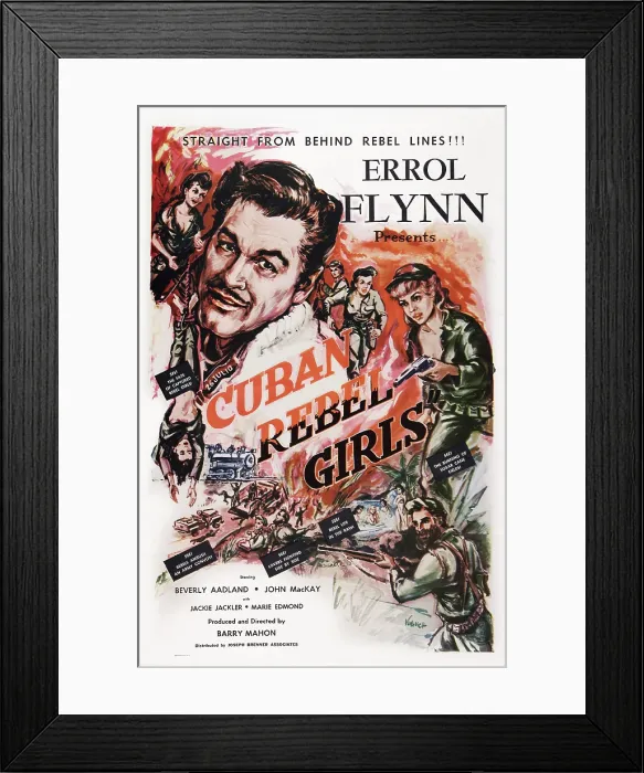 Framed Print : CUBAN REBEL GIRLS, US poster art, Errol Flynn (top left), Beverly Aadland (with gun right), 1959