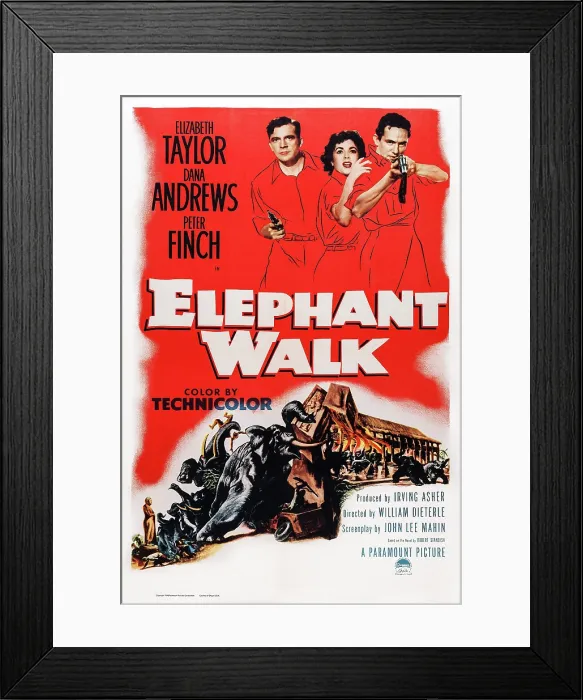 Framed Print : ELEPHANT WALK, US poster art, from left: Dana Andrews, Elizabeth Taylor, Peter Finch, 1954