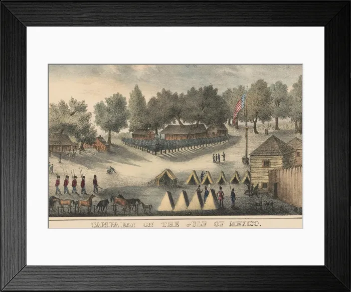 Framed Print : Second Seminole War, 1835-42. US Army camp at Tampa Bay on the Gulf of Mexico, ca. 1836-37. The central large building of Fort Brooke encloses two live trees in its structure