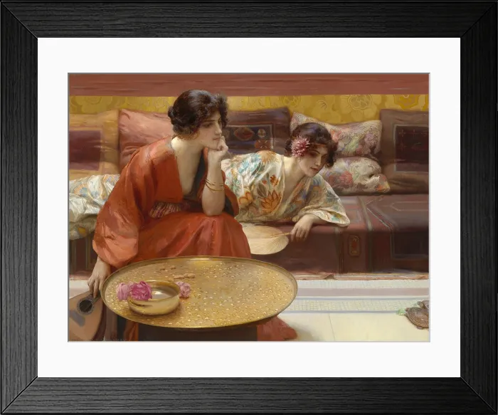 Framed Print : Idle Hours, 1895, by H. Siddons Mowbray, 1858-1928, American painting, oil on canvas. Two young women wear loose robes of luxurious fabric in a Japanese styled interior Framed Print : Idle Hours, 1895, by H. Siddons Mowbray, 1858-1928, American painting, oil on canvas. Two young women wear loose robes of luxurious fabric in a Japanese styled interior