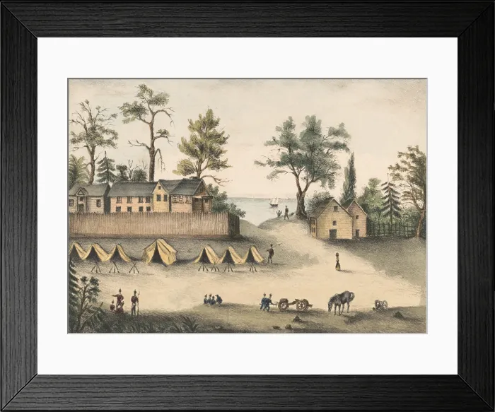 Framed Print : Second Seminole War, 1835-42. US soldiers in camp, at Picolata, Florida, on the bank of the St. Johns River, about eighteen miles from St. Augustine, c. 1835-37 (BSLOC_2019_8_70)