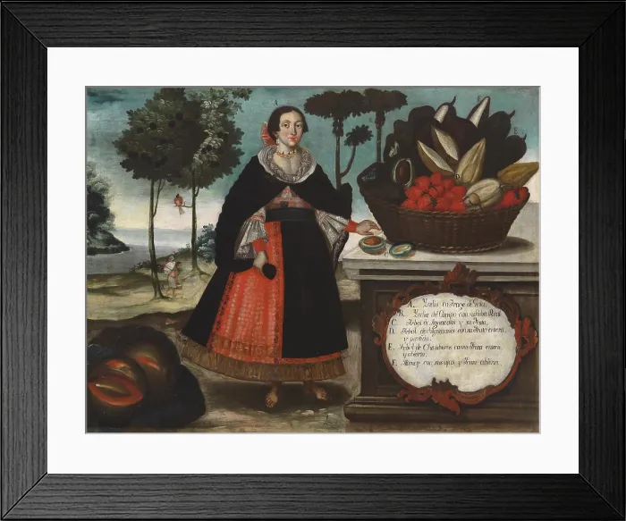 Framed Print : Indian Woman in Special Attire, by Vicente Albán, 1769-1796, Ecuadorian painting, oil on canvas. She stands next to a basket of gigantic tropical fruit Framed Print : Indian Woman in Special Attire, by Vicente Albán, 1769-1796, Ecuadorian painting, oil on canvas. She stands next to a basket of gigantic tropical fruit