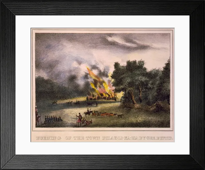 Framed Print : Second Seminole War, 1835-42. US Gen. Abraham Eustis burned Pilaklikaha, or Abraham's Town, on his way to join Gen. Winfield Scott's campaign, c. 1835-36 Framed Print : Second Seminole War, 1835-42. US Gen. Abraham Eustis burned Pilaklikaha, or Abraham's Town, on his way to join Gen. Winfield Scott's campaign, c. 1835-36