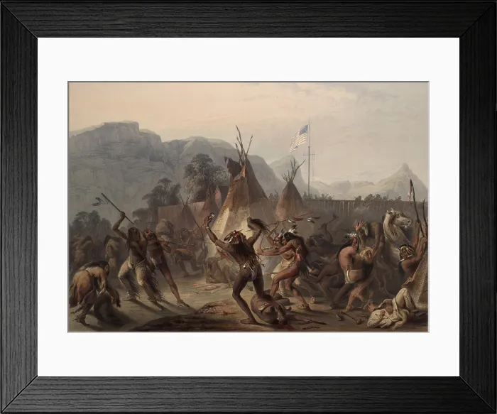 Framed Print : Assiniboine and Cree Indians attack a Blackfoot encampment at Fort McKenzie on August 28, 1833 Framed Print : Assiniboine and Cree Indians attack a Blackfoot encampment at Fort McKenzie on August 28, 1833