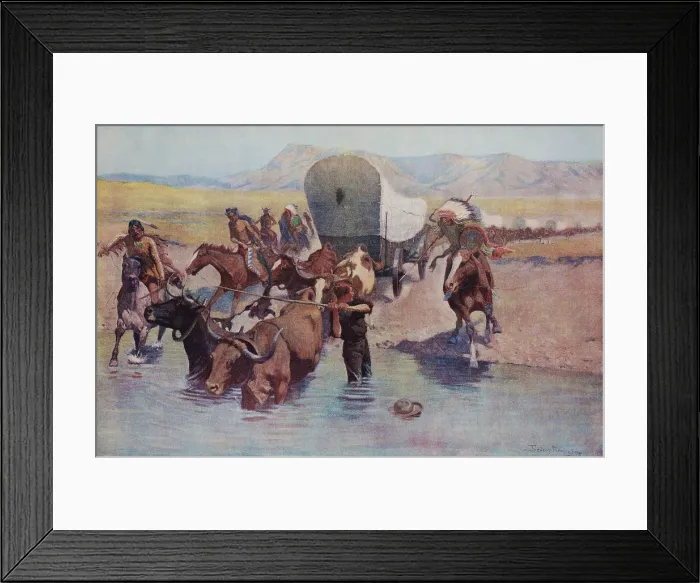 Framed Print : THE EMIGRANTS, by Frederick Remington, 1904. A band of Plains Indians harasses a wagon train as it fords a river