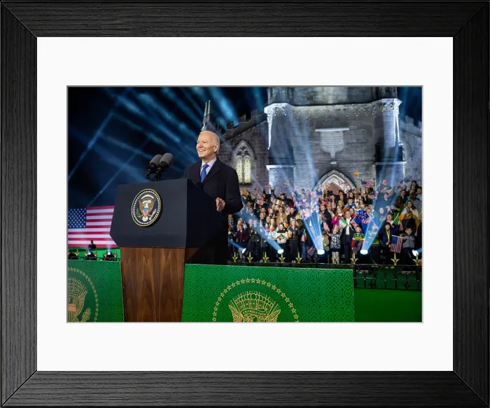 Framed Print : President Joe Biden speaks to roughly 25, 000 people gathered at the foot of St Muredach's Cathedral, in Abbey, Ballina, County Mayo, Ireland, at St Framed Print : President Joe Biden speaks to roughly 25, 000 people gathered at the foot of St Muredach's Cathedral, in Abbey, Ballina, County Mayo, Ireland, at St