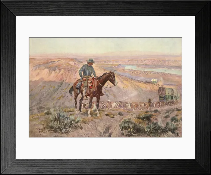 Framed Print : THE WAGON BOSS, by Charles Marion Russell, 1909. An ox-drawn wagon train climbs the trail over a mountain as the wagon master observes and supervises