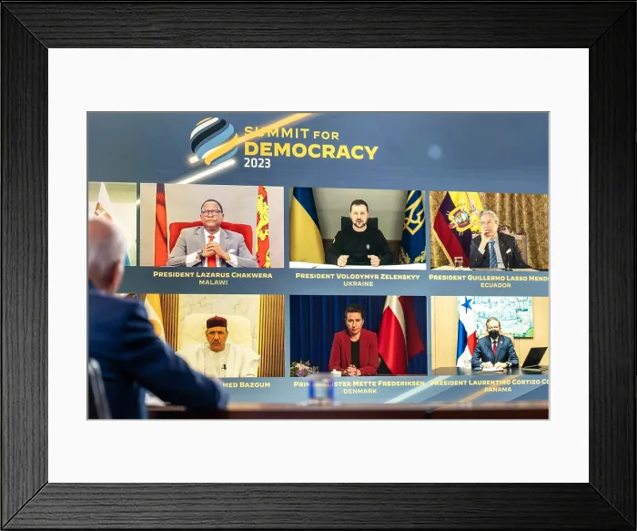 Framed Print : President Joe Biden joins in the Summit for Democracy, March 29, 2023, in the White House Executive Office Building with President Volodymyr Zelenskyy of Ukraine speaking Framed Print : President Joe Biden joins in the Summit for Democracy, March 29, 2023, in the White House Executive Office Building with President Volodymyr Zelenskyy of Ukraine speaking