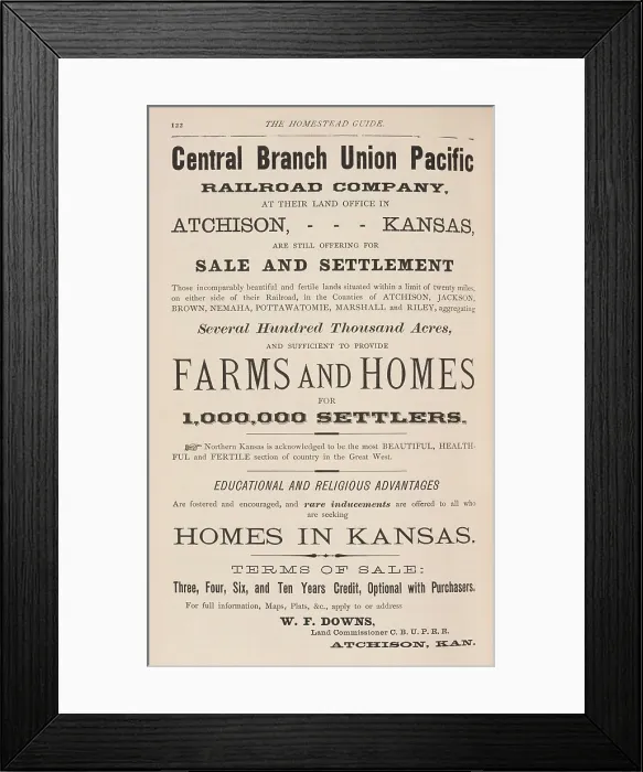 Framed Print : Advertisement in a book, THE HOMESTEAD GUIDE: DESCRIBING THE GREAT HOMESTEAD REGION IN KANSAS AND NEBRASKA, 1873