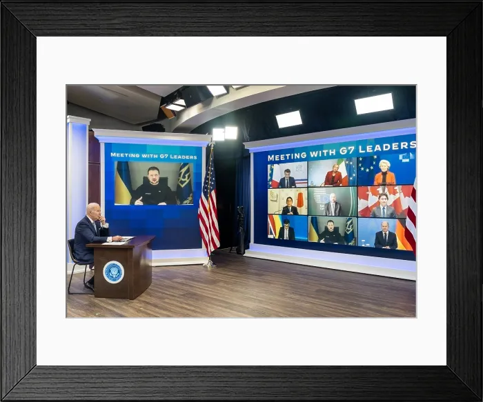 Framed Print : President Joe Biden in a virtual meeting with G7 leaders and Ukrainian President Volodymyr Zelenskyy, Feb. 24, 2023