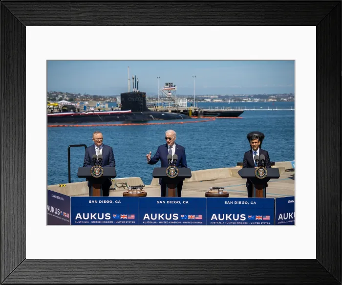 Framed Print : President Joe Biden speaks at the inauguration of the Australia-United Kingdom-United States (AUKUS) alliance for Australia to acquire a conventionally-armed