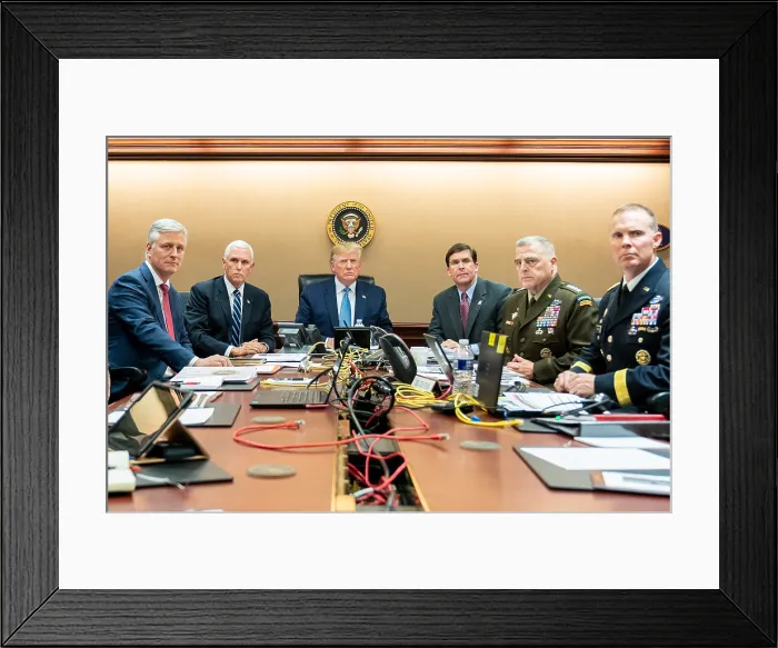 Framed Print : President Donald Trump watches as US Special Operations Forces close in on ISIS leader Abu Bakr al-Baghdadi's, who was killed in the encounter Framed Print : President Donald Trump watches as US Special Operations Forces close in on ISIS leader Abu Bakr al-Baghdadi's, who was killed in the encounter