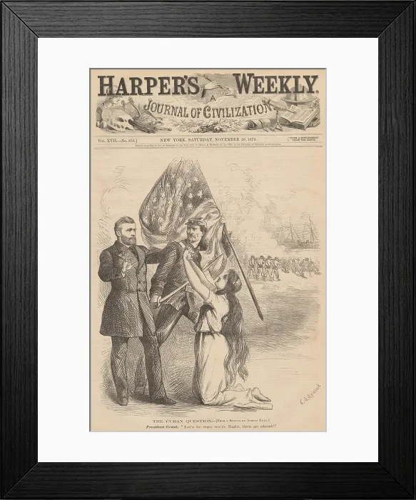 Framed Print : The Cuban Question, a 1873 political cartoon, shows President Grant resisting impulsive intervention in Cuba's anti-colonialist unrest Framed Print : The Cuban Question, a 1873 political cartoon, shows President Grant resisting impulsive intervention in Cuba's anti-colonialist unrest