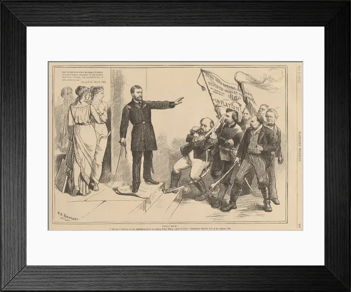 Framed Print : Stand Back. A uniformed President Ulysses Grant obstructs politicians who protest his veto of the Ferry Bill (aka The Inflation Bill) in April 1874