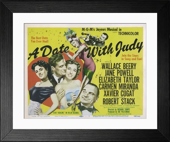 Framed Print : A DATE WITH JUDY, Elizabeth Taylor, Robert Stack, Jane Powell, Wallace Beery, Carmen Miranda, Xavier Cugat (back), 1948