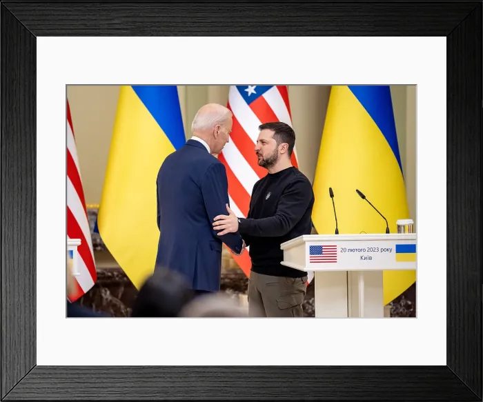 Framed Print : President Joe Biden and Ukrainian President Volodymyr Zelenskyy ended their meeting in Mariinsky Palace, Feb. 20, 2023, with a joint statement