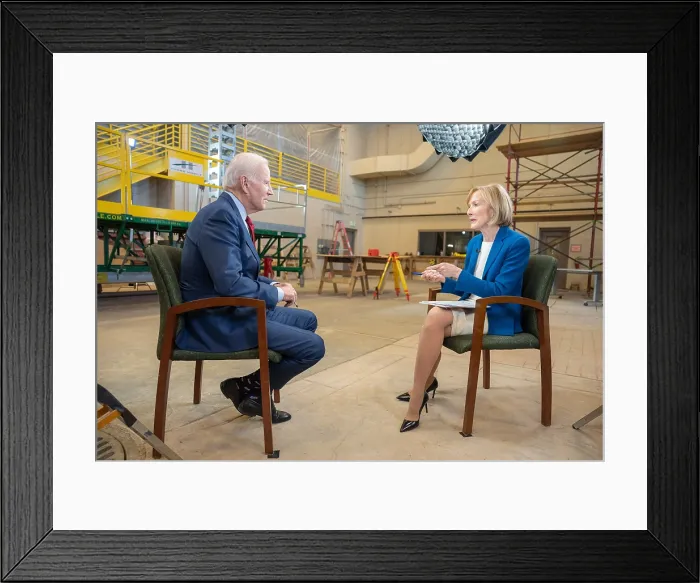 Framed Print : President Joe Biden is interviewed by Judy Woodruff of PBS News, February 8, 2023, at the LiUNA Training Center in DeForest, Wisconsin. (BSLOC_2023_6_43)