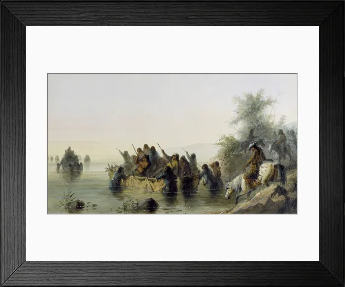 Framed Print : BULL BOATING, 1858-1860, by Alfred Jacob Miller, painting, watercolor on paper. To cross a deep river, wagon covers were stripped