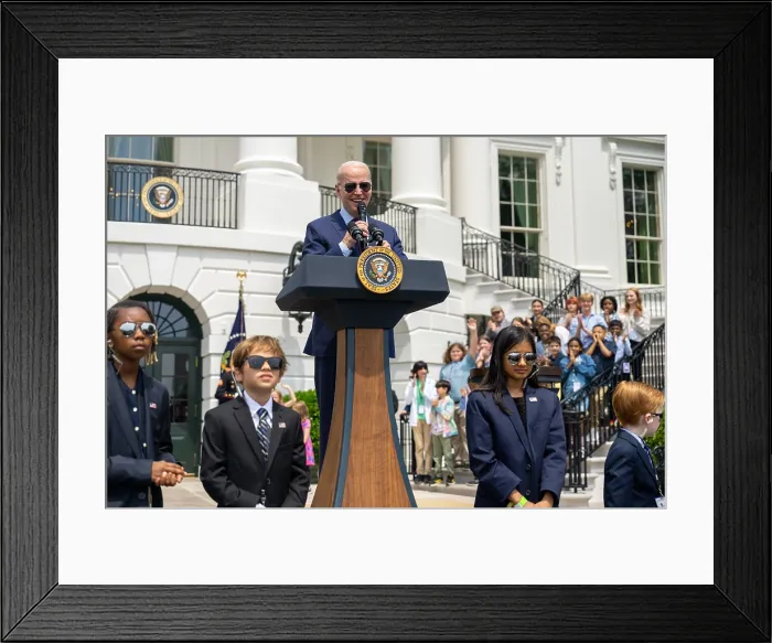 Framed Print : President Joe Biden is guarded by children dressed as his Secret Service agents, while speaking to families on Bring Your Child to Work Day, April 27 Framed Print : President Joe Biden is guarded by children dressed as his Secret Service agents, while speaking to families on Bring Your Child to Work Day, April 27