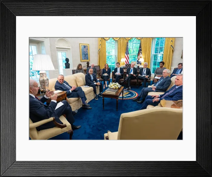 Framed Print : President Joe Biden meets with Senate Majority Leader Chuck Schumer, Minority Leader Mitch McConnell