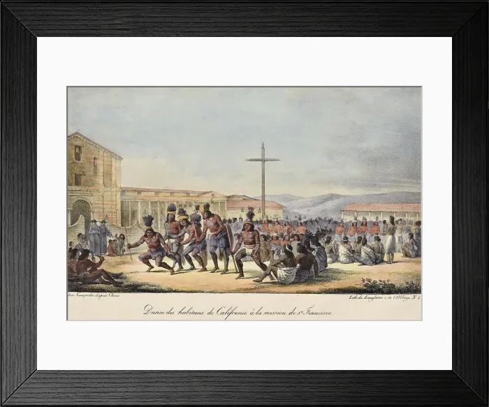 Framed Print : DANCE OF THE INHABITANTS OF CALIFORNIA AT THE MISSION OF SAN FRANCISCO, c. 1815-18, lithograph after watercolor painting by Louis Chorus Framed Print : DANCE OF THE INHABITANTS OF CALIFORNIA AT THE MISSION OF SAN FRANCISCO, c. 1815-18, lithograph after watercolor painting by Louis Chorus
