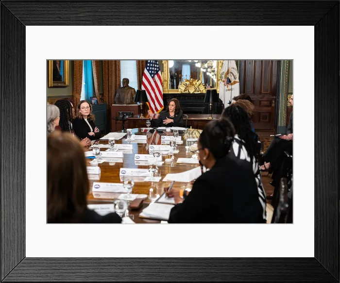 Framed Print : Vice President Kamala Harris meets with medical experts and reproductive rights leaders on reproductive rights and abortion medication, Feb. 24, 2023