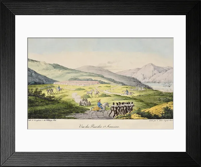 Framed Print : VIEW OF THE PRESIDIO OF SAN FRANCISCO, c. 1815-18, lithograph after watercolor painting by Louis Chorus