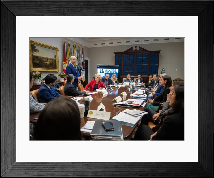 Framed Print : President Joe Biden drops by a working meeting of Cabinet members and White House senior staff, April 6, 2023, in the Roosevelt Room of the White House (BSLOC_2023_6_51)