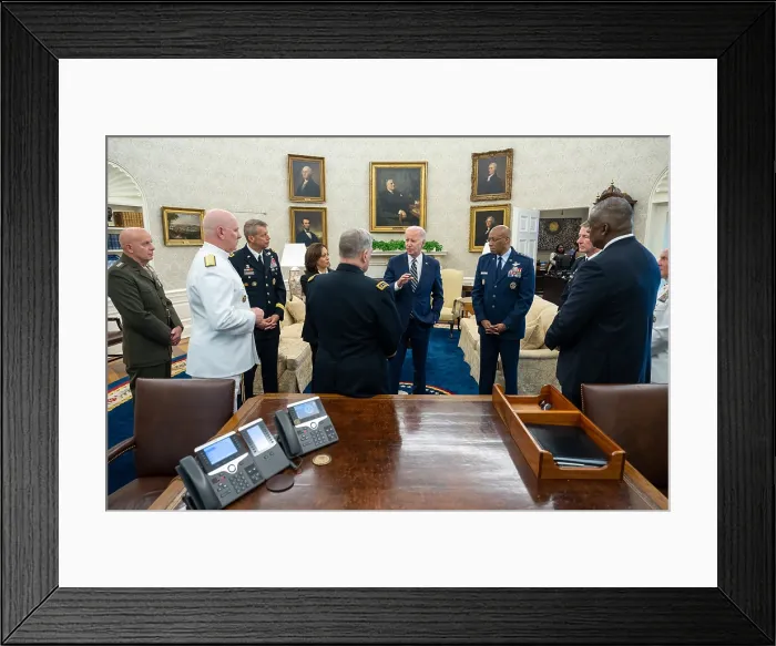 Framed Print : President Joe Biden and Vice President Kamala Harris meet with Defense Sec. Lloyd Austin, and the Joint Chiefs of Staff to announce Air Force Gen. Brown, Jr