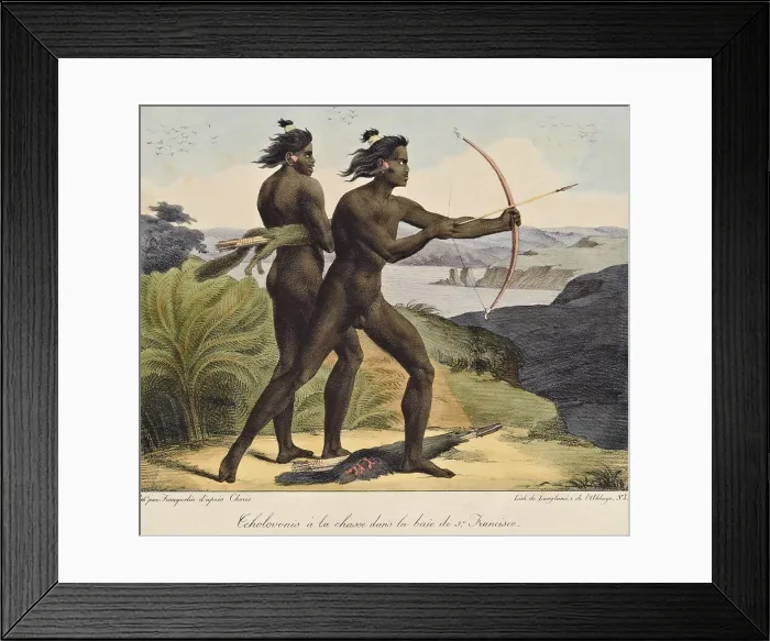 Framed Print : INDIANS HUNTING IN THE BAY OF SAN FRANCISCO, CALIFORNIA, c. 1815-18, lithograph after watercolor painting by Louis Chorus