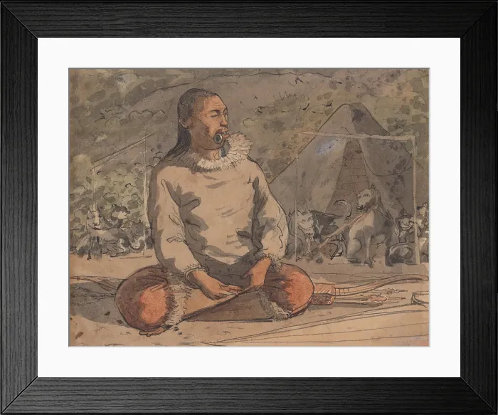 Framed Print : An Aleutian man sits in front of a tent and several harnessed dogs, 1815-18. He wears a labret, an ornamental lip plug