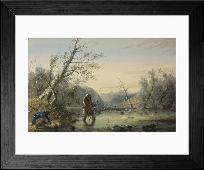 Framed Print : TRAPPING BEAVER, 1858-1860, by Alfred Jacob Miller, painting, watercolor on paper. Trappers are setting their five-pound traps around a beaver stream
