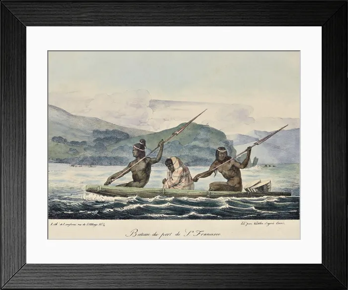Framed Print : INDIANS ON A BOAT ON THE PORT OF SAN FRANCISCO, CALIFORNIA, lithograph after watercolor painting by Louis Chorus