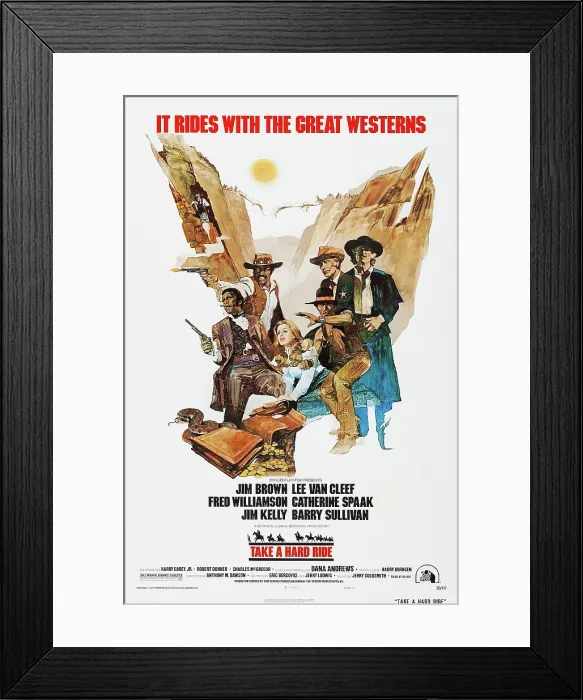 Framed Print : TAKE A HARD RIDE, US poster, from left: Jim Brown, Fred Williamson, Catherine Spaak, Jim Kelly, Lee Van Cleef, Barry Sullivan, 1975, TM and Copyright 20th Century Fox Film Corp