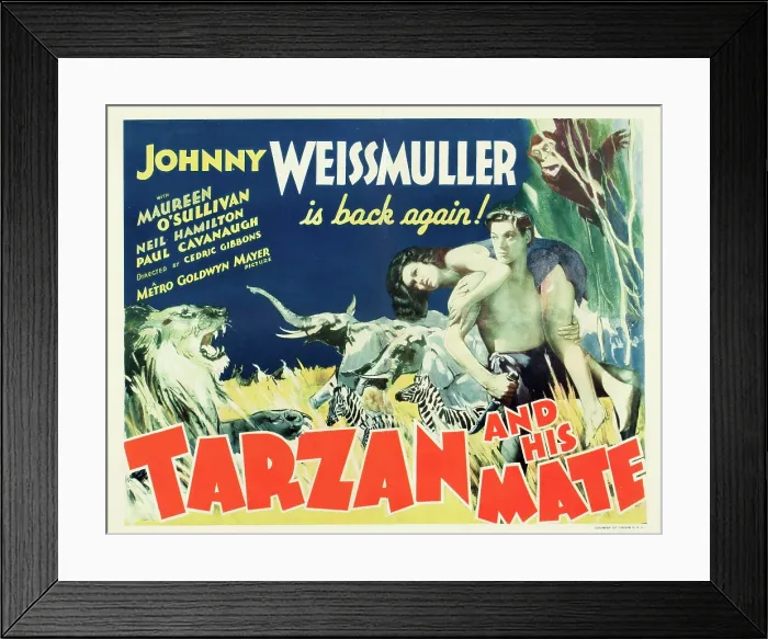 Framed Print : TARZAN AND HIS MATE, from left: Maureen O'Sullivan, Johnny Weissmuller, 1934 Framed Print : TARZAN AND HIS MATE, from left: Maureen O'Sullivan, Johnny Weissmuller, 1934