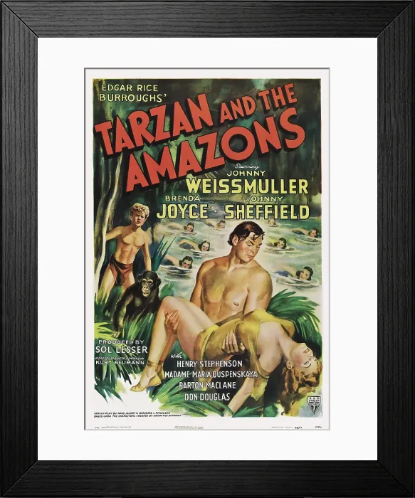 Framed Print : TARZAN AND THE AMAZONS, from left: Johnny Sheffield, Cheetah, Johnny Weissmuller, Brenda Joyce, 1945