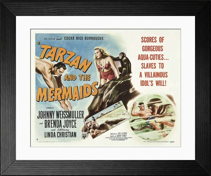 Framed Print : TARZAN AND THE MERMAIDS, from left: Johnny Weissmuller, Brenda Joyce, Cheetah, inset right: Johnny Weissmuller on poster art, 1948