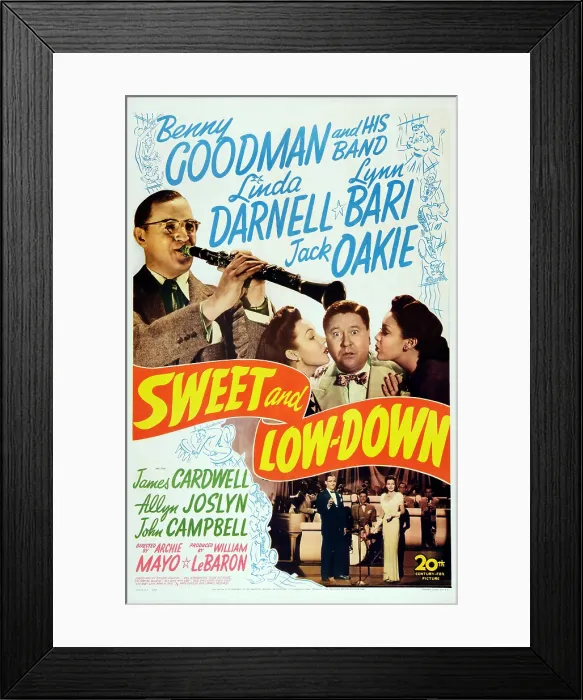 Framed Print : SWEET AND LOW-DOWN, US poster art, from top left: Benny Goodman, Lynn Bari, Jack Oakie, Linda Darnell, bottom from left: Benny Goodman, Linda Darnell, 1944 Framed Print : SWEET AND LOW-DOWN, US poster art, from top left: Benny Goodman, Lynn Bari, Jack Oakie, Linda Darnell, bottom from left: Benny Goodman, Linda Darnell, 1944