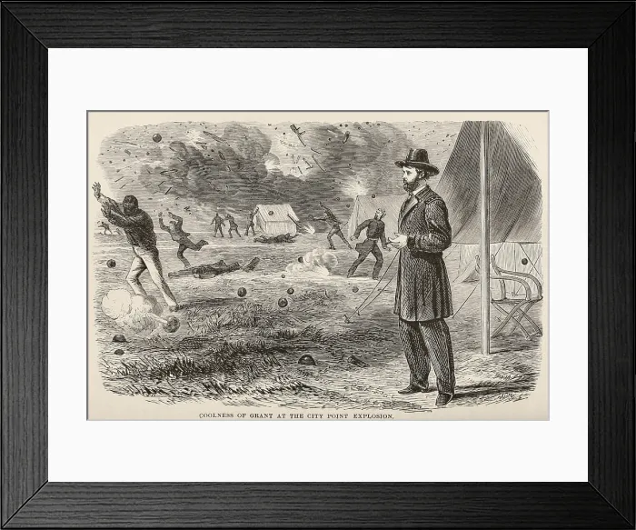 Framed Print : US Civil War. General Ulysses Grant at the City Point Explosion when a Confederate saboteur's time bomb killed 58 people, on August 9, 1864 Framed Print : US Civil War. General Ulysses Grant at the City Point Explosion when a Confederate saboteur's time bomb killed 58 people, on August 9, 1864