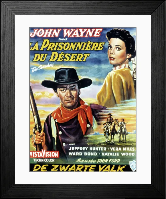 Framed Print : THE SEARCHERS, (aka LA PRISONNIERE DU DESERT), John Wayne, Jeffrey Hunter, Natalie Wood, on Belgian poster art, 1956