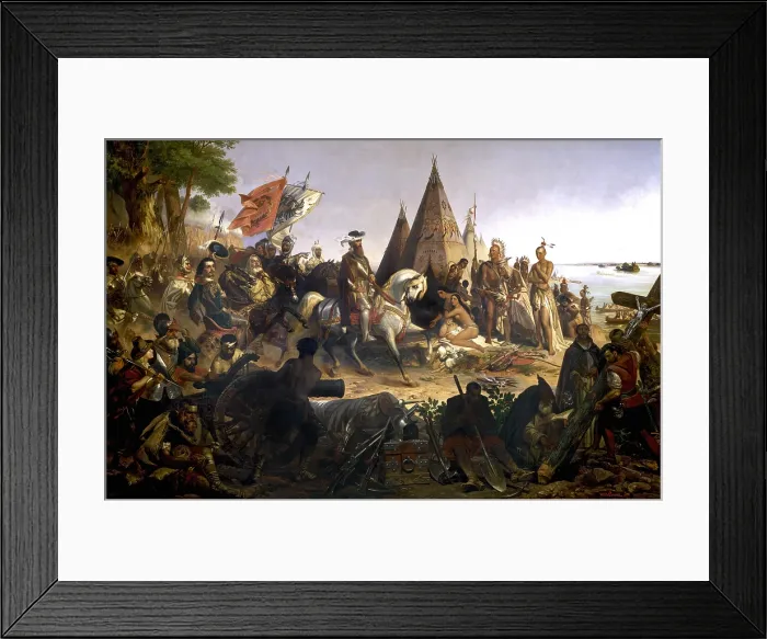 Framed Print : Spanish conquistador and explorer Hernando De Soto (1500-1542), riding a white horse and dressed in Renaissance finery, arrives at the Mississippi River