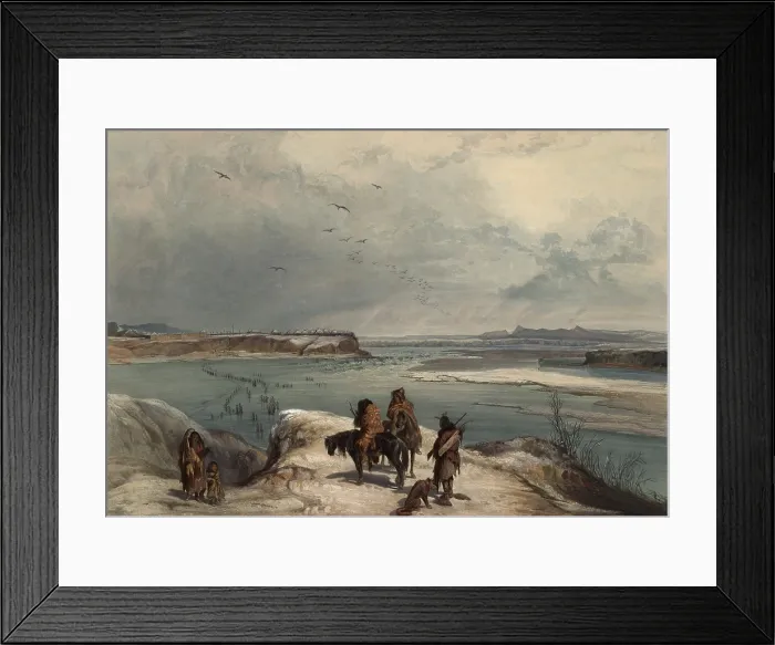 Framed Print : Fort Clark Trading Post (far left center) was built on the Missouri River by James Kipp, an employee of American Fur Company, 1830-31