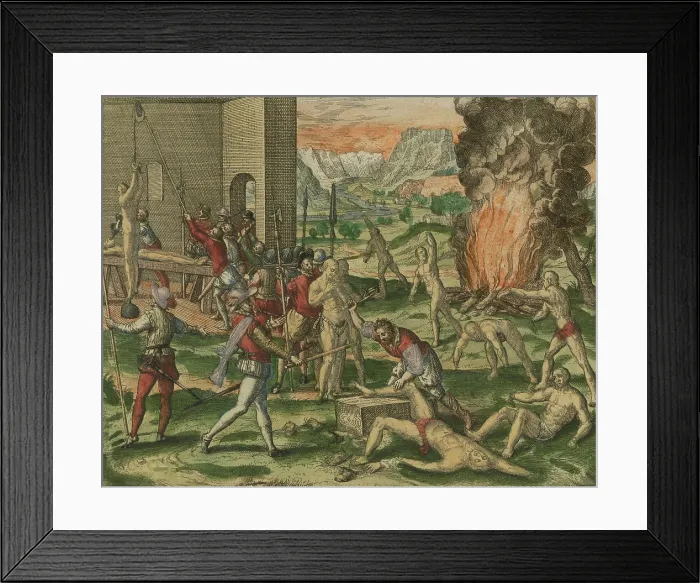 Framed Print : Spanish conquistadors led by Hernando de Soto torture and maim native Americans in his expedition across the American southeast, 1539-1542 Framed Print : Spanish conquistadors led by Hernando de Soto torture and maim native Americans in his expedition across the American southeast, 1539-1542