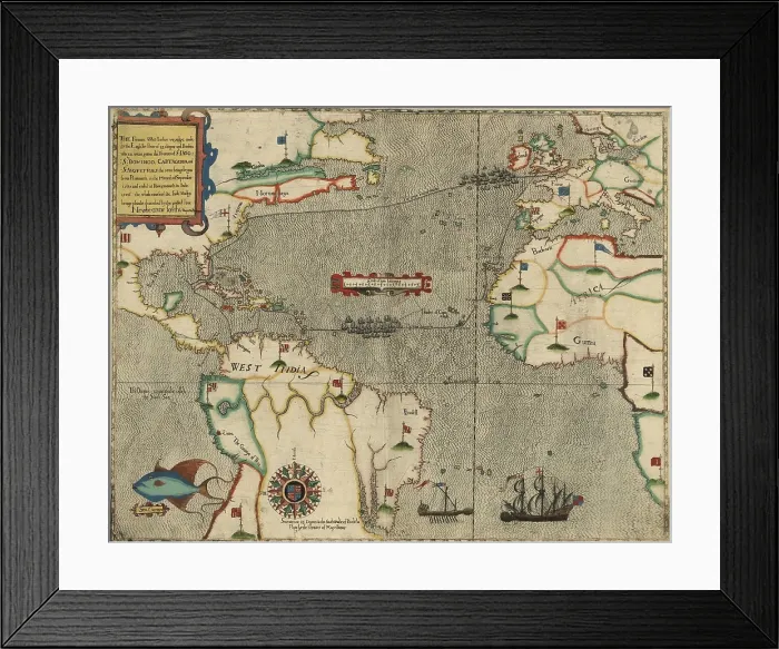 Framed Print : Map of Drake's Atlantic Expedition in 1585 by Giovanni Battista Boazio, tracks Drake's voyage to the West Indies and America in 1585-86
